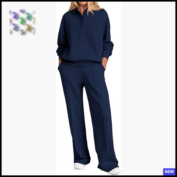 Quarter Button Sweatshirt Wide Leg Pants Lounge Set Soft Stretchy Two Piece